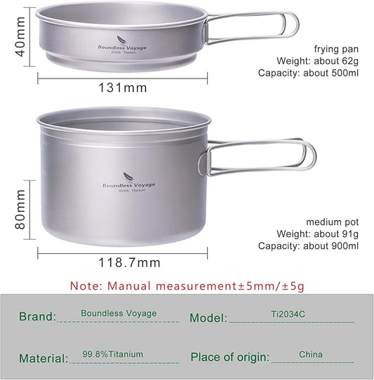 iBasingo Titanium Pot Pan Set with Folding Handle - Ultralight Portable Outdoor Cookware Mess Kit for Camping, Picnic, Travel & Backpacking (1080ml Soup Pot, 900ml Cup, 500ml Frying Pan)