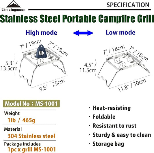 CAMPINGMOON Portable Folding Camping Campfire Grill over Fire Split Stoves 304 Stainless Steel (7?™’L (MS-1001))
