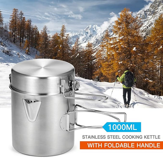 Lixada Camping Cooking Kettle 1L Stainless Steel Pot with Foldable Handle and Dual Use Cover Portable for Hiking Backpacking Picnic