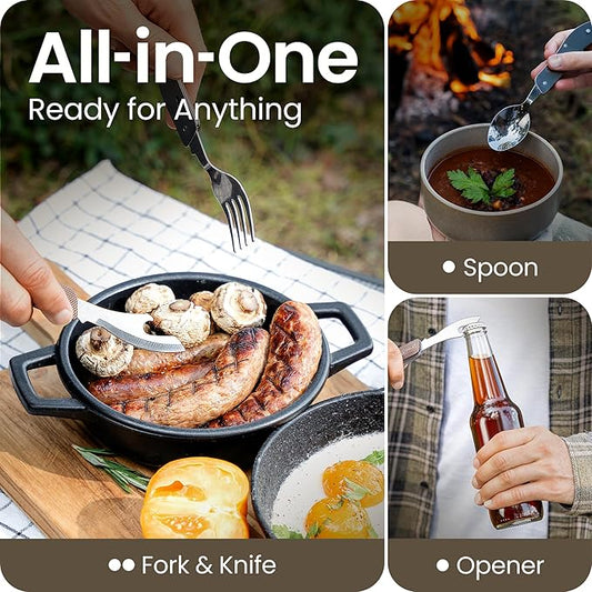 Orblue 4-in-1 Camping Utensils, 2-Pack - Portable Stainless Steel Spoon, Fork, Knife & Bottle Opener Combo Set - Travel, Backpacking Cutlery Multitool, Gray
