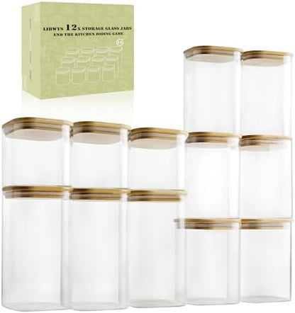 LIBWYS 12-Pack Glass Pantry Storage Jars with Bamboo Lids(0.76/1.22/1.67Qt)