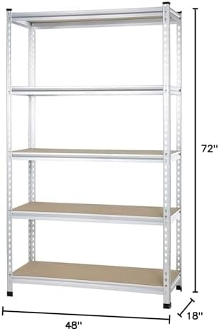 Amazon Basics 5-Tier Medium Duty Storage Shelving, Garage Storage Rack, Double Post Press Board Shelf, Adjustable, Easy Assembly, Space-Saving, Aluminum, 48" x 18" x 72"