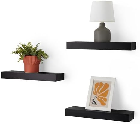 Amazon Basics Wood Floating Wall Shelves, 3-Pack, Black, 15.8" x 5" x 1.8"