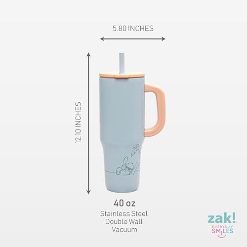 Zak Designs Disney Sutton Travel Tumbler for On the Go or At Home, 40oz Stainless Steel with Vacuum Insulation, Silicone Straw, Carry Handle, and 3D Artwork for Cold Drinks (Stitch)