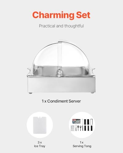 VEVOR Countertop Food Serving Display Container, 1 x 1 Pan Stainless Steel Food Serving Tray, Buffet Condiment Dispenser Display Rack with Clear Lid & 3 Ice Trays, for Restaurant Hotel Kitchen Party