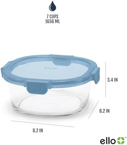 Ello Color Lock 7 Cup Glass Meal Prep Containers & Lids, 2 Pack, Slate