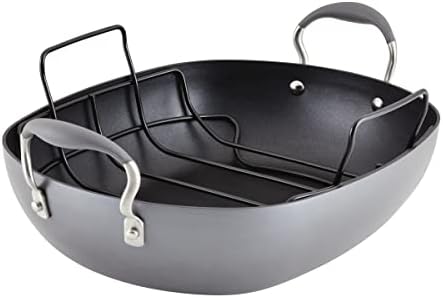 Anolon Advanced Hard Anodized Nonstick 2 Piece Roaster/Roasting Pan with Wire Rack, Oval, 16 Inch x 13 Inch, Dark Gray