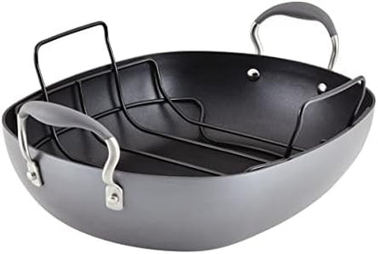 Anolon Advanced Hard Anodized Nonstick 2 Piece Roaster/Roasting Pan with Wire Rack, Oval, 16 Inch x 13 Inch, Dark Gray