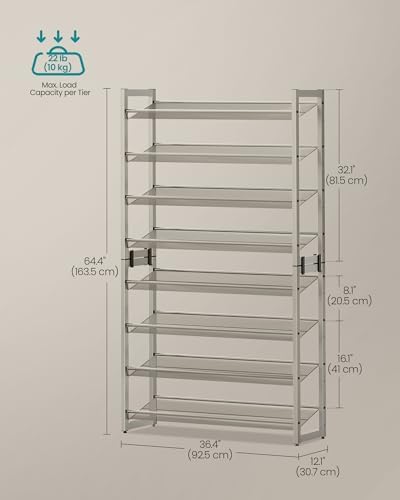 SONGMICS Metal Shoe Rack, 8-Tier Shoe Orgainzer, Holds 32-40 Pairs