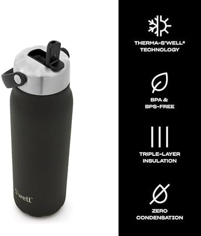 S'well Recycled Stainless Steel Explorer with Flip Straw Lid and Handle, 40oz, Onyx, Triple Layered Vacuum Insulated Containers Keeps Drinks Cold for 54 Hours and Hot for 12
