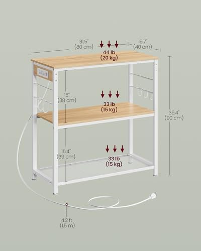 VASAGLE Kitchen Island with Power Strip, 3-Tier, 6 Hooks, Metal Frame