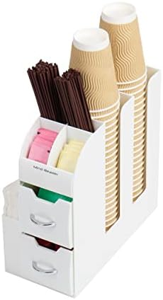 Mind Reader Cup and Condiment Station, Countertop Organizer, Coffee Bar, Kitchen, Stirrers, 5.375"L x 12"W x 11.25"H, White