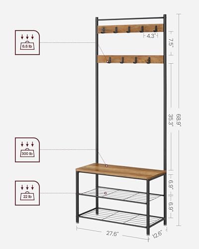 VASAGLE Coat Rack, Hall Tree with Shoe Storage Bench, 3-in-1, Steel Frame