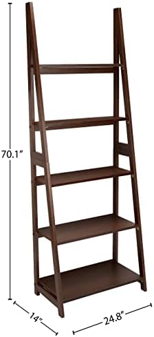 Amazon Basics 5-Tier Ladder Bookshelf Storage Organizer, Solid Rubberwood Frame, Space-Saving Bookcase, Sturdy Shelves, Walnut Finish, 14" D x 24.8" W x 70.1" H