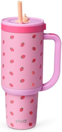 Ello Oasis 40oz Insulated Stainless Steel Tumbler with Straw, Strawberries