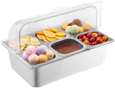 VEVOR Countertop Food Serving Display Container, 6 Pan Stainless Steel Food Serving Tray, Buffet Condiment Dispenser Display Rack with Clear Lid & 3 Freezer Boxes, for Restaurant Hotel Kitchen Party