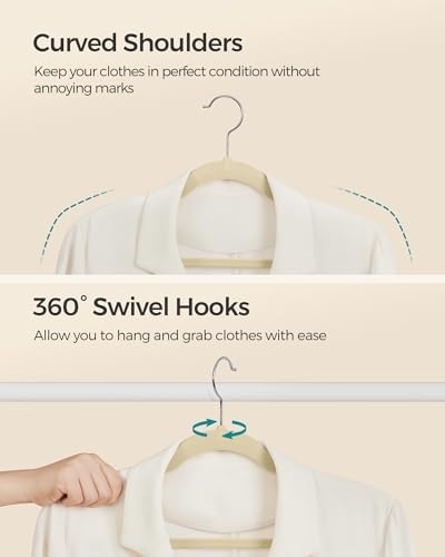 SONGMICS Velvet Hangers 50 Pack, Non-Slip Clothes Hangers with Shoulder Notches, Pants Bar, 360° Swivel Hook, Space-Saving, for Closet, Summer Sand UCRF029K05