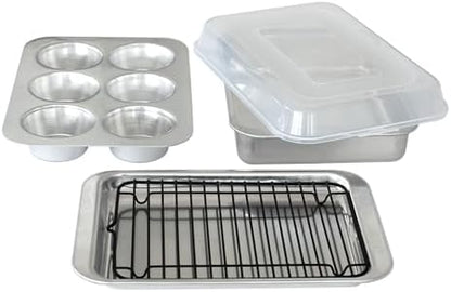Nordic Ware Naturals 5 Piece Compact Pan Set, Toaster Oven, Counter Ovens, Air Fryer and Broiler Safe, Size for 1-2 Portions - Includes Rectangular Pan, Muffin Pan, Baking Sheet, Broiling Rack and Lid