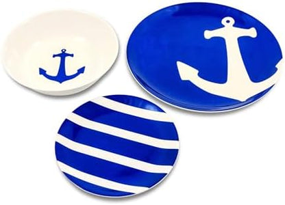 Camco 12 Piece Melamine Dishware Set - Features Blue and White Nautical Design - Includes 4 Bowls, 4 Salad Plates, & $ Dinner Plates - Dishwasher Safe Dish Set (41951)
