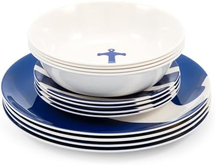Camco 12 Piece Melamine Dishware Set - Features Blue and White Nautical Design - Includes 4 Bowls, 4 Salad Plates, & $ Dinner Plates - Dishwasher Safe Dish Set (41951)