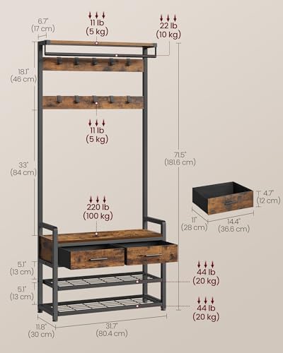 VASAGLE Hall Tree with Bench and Shoe Storage, 2 Fabric Drawers, 10 Hooks