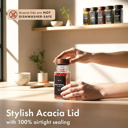 EDELHAUS Glass Spice Jars with Label, 36x Acacia Wooden Lids - Black Labels