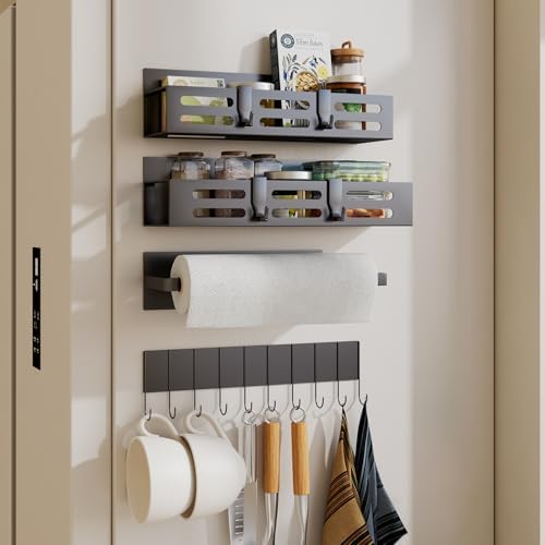 SETBAOO 4 Pack Magnetic Spice Rack for Refrigerator with 4-Hook Rack and Paper Towel Holder, Black Magnetic Shelf and Fridge Kitchen Cabinet Organizers Storage Seasoning Organization Mini Shelves.