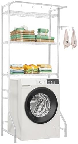 VEVOR Over the Washer and Dryer Storage Shelf, 3 Tier Laundry Room Drying Rack with Hanger Rod and Hooks, Adjustable Over Washer and Dryer Shelves, Laundry Room Shelf Storage Space Saver, White