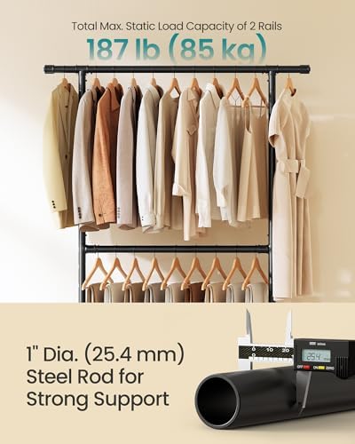 SONGMICS Heavy-Duty Clothes Rack, Double-Rod, Metal Frame on Wheels