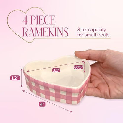 Paris Hilton Heart Shaped Ramekins Oven Safe, 4-Piece Mini Ceramic Ramekin Set, Stoneware Baking Dishes, Microwave, Dishwasher & Freezer Safe, Gingham Design, 3-Ounce, Pink