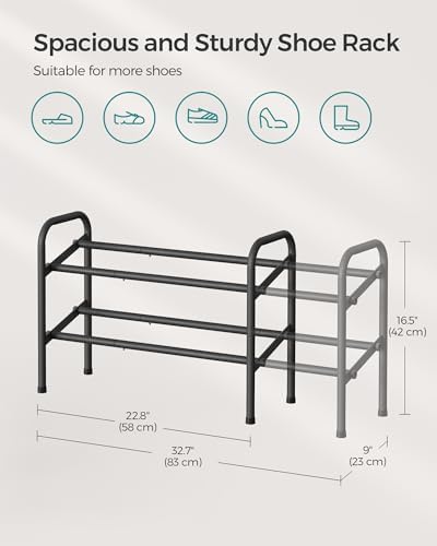 SONGMICS Expandable Shoe Rack, 2-Tier Metal Shoe Organizer, Holds 15 Pairs