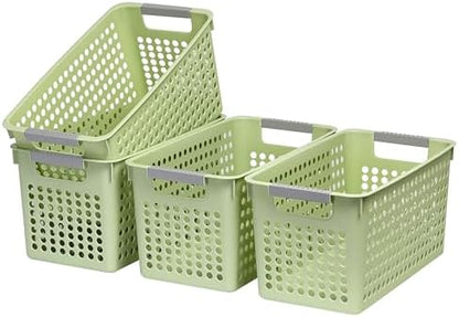 Soddeph Slim Plastic Storage Basket with Handles, Narrow Organizer box for Shelves, Organizer box for Organizing, Kitchen,Home,Office (Green, Medium)