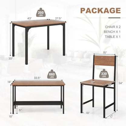 COSTWAY Dining Table Set for 4 w/Bench & 2 Chairs, Storage Racks, Brown