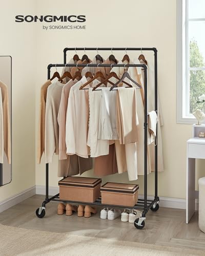 SONGMICS Heavy-Duty Clothes Rack, Double-Rod, Metal Frame on Wheels