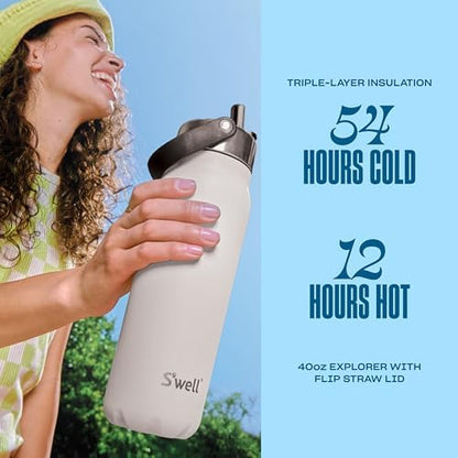 S'well Recycled Stainless Steel Explorer with Flip Straw Lid, 40oz, Moonstone, Triple Layered Vacuum Insulated Container Keeps Drinks Cold for 54 Hours and Hot for 12, BPA Free