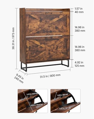 VEVOR Shoe Cabinet with 2 Flip Drawers, Farmhouse Shoes Storage Cabinet with Metal Legs and Anti-Tipping Device, Freestanding Shoe Organizer Ideal for Entryway, Hallway, Bedroom, Living Room, Brown