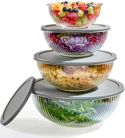 8pc Ribbed Glass Mixing Bowls with Leakproof Airtight Lids - BPA-Free Meal Prep Stackable Space Saving Nesting, Kitchen Baking Food Storage & Serving Containers - Microwave, Freezer, Dishwasher Safe.