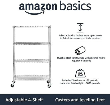 Amazon Basics 4-Shelf Adjustable Heavy Duty Storage Shelving Unit with Wheels, No-Tool Easy Assembly, Garage Shelving, Metal Wire Rack with Casters and Leveling Feet, 36" x 14" x 57.8", Chrome