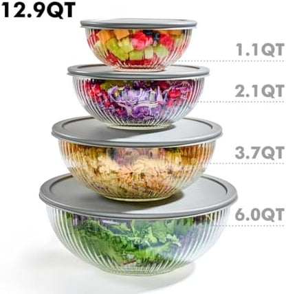 8pc Ribbed Glass Mixing Bowls with Leakproof Airtight Lids - BPA-Free Meal Prep Stackable Space Saving Nesting, Kitchen Baking Food Storage & Serving Containers - Microwave, Freezer, Dishwasher Safe.