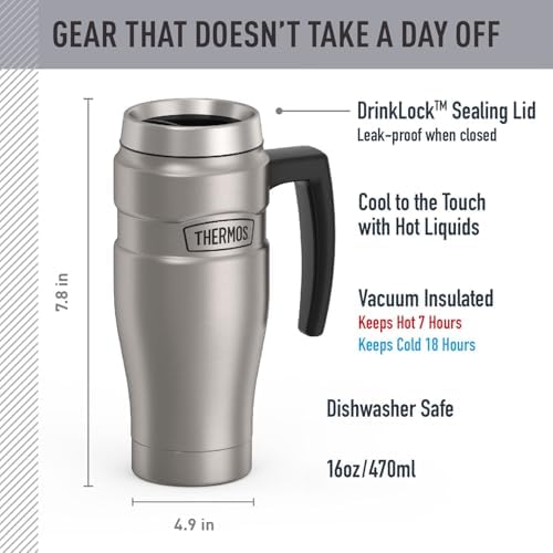 THERMOS Stainless King Travel Mug with Handle, 16oz, Matte Steel