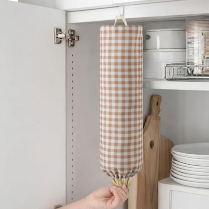 Gingham Plastic Bag Holder for Grocery Bag, Taupe