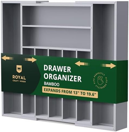 ROYAL CRAFT WOOD Luxury Bamboo Kitchen Drawer Organizer - Silverware Organizer - Utensil Holder and Cutlery Tray with Grooved Drawer Dividers for Flatware and Kitchen Utensils (9 Slot, Gray)