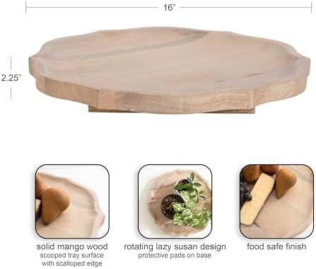 Kate and Laurel Lorah Farmhouse Wood Round Lazy Susan Tray, 16 Inch Diameter, Natural, Scalloped Wooden Countertop Organizer with Turning Lazy Susan for Kitchen Storage or Living Room Ottoman Tray