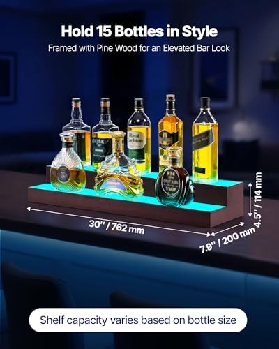 VEVOR LED Lighted Liquor Bottle Display, 2-Tier 30-Inch Whiskey Rack, Support USB, Illuminated Home Bar Shelf with RF Remote & App Control, 7 Static Colors, Acrylic+ Wood Lighted Shelf for 15 Bottles