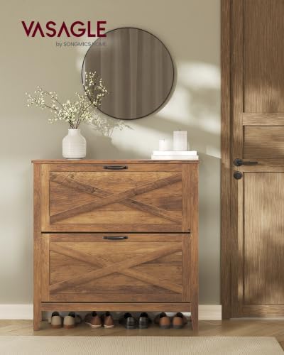 VASAGLE Farmhouse Shoe Cabinet, Narrow Storage Organizer, 2 Flip Drawers