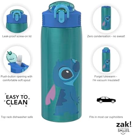 Zak Designs Disney Lilo and Stitch Water Bottle for Travel and At Home, 19 oz Vacuum Insulated Stainless Steel with Locking Spout Cover, Built-In Carrying Loop, Leak-Proof Design (Stitch)