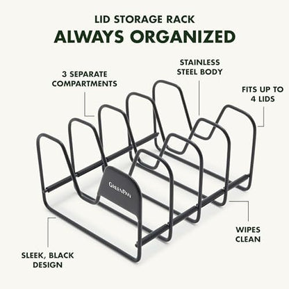 GreenPan Stainless Steel Wire Pots and Pans Lid Storage Rack, Holds 4 Lid Covers, Easy Storage, Countertop or Cabinent Organizer, Minimizes Clutter, Fast Drying, Wipes Clean, Black