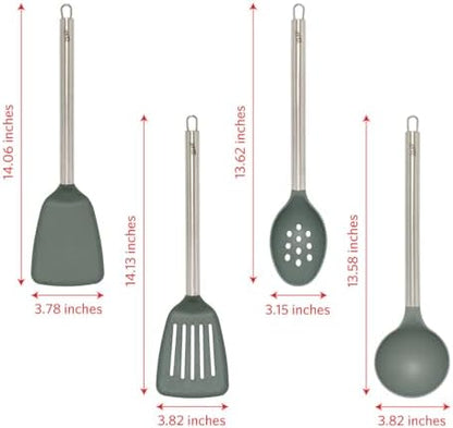 Glad Kitchen Utensils Set, 8pcs - Nonstick Cooking Tools with Stainless Steel Handles & Rotating Utensil Holder - Turners, Ladle, Spoon, Tongs, Spaghetti Server, and Skimmer - Dishwasher Safe, Green
