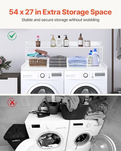 VEVOR Washer Dryer Countertop with 2-Tier Shelf, 54" x 27" Wooden Washer and Dryer Countertop with Anti-Slip Pads, Water-Resistant Laundry Topper Cover for Laundry Room Organization and Storage, White