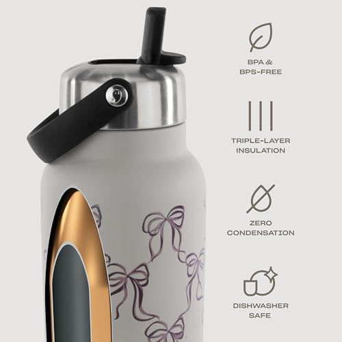 S'well Recycled Stainless Steel Explorer with Flip Straw Lid, 32oz, Limited Edition Lunar Grey Bows, Triple Layered Vacuum Insulated Containers Keeps Drinks Cold for 42 Hours and Hot for 10